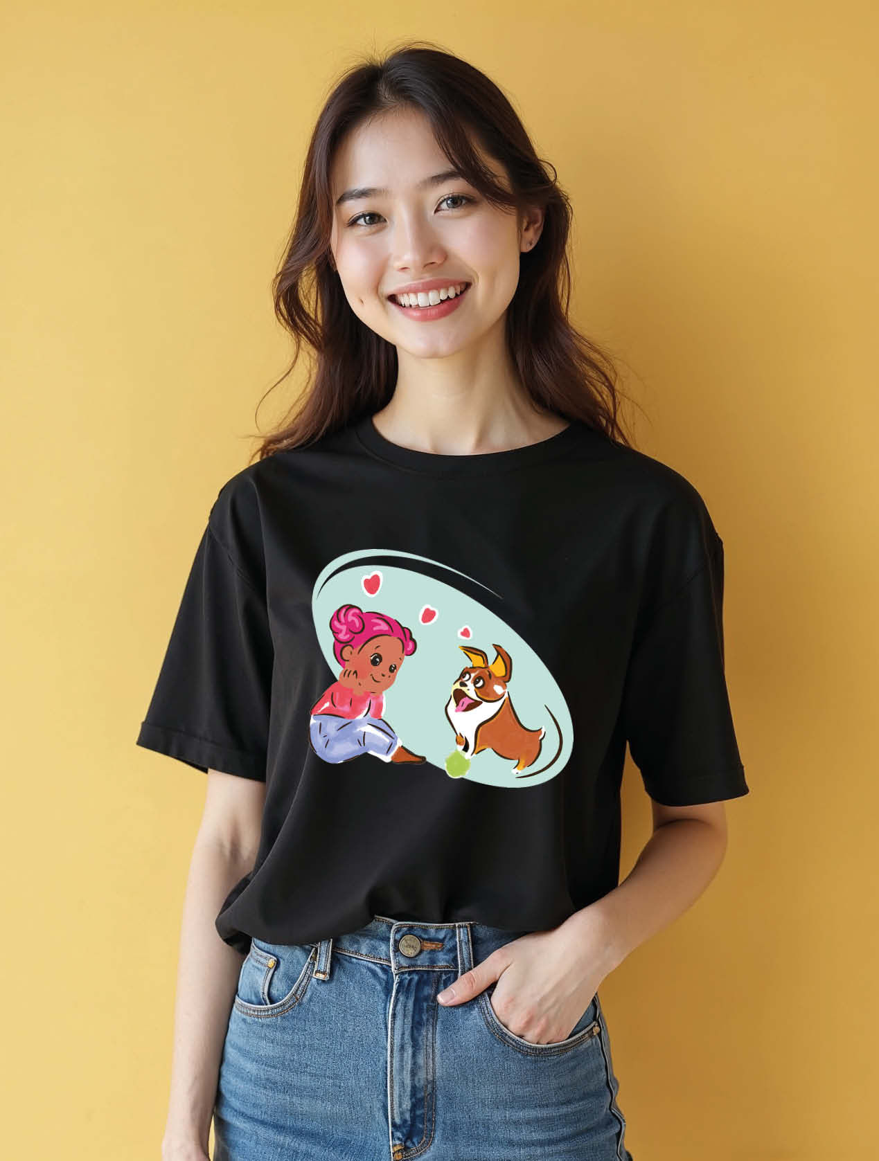 Adorable Girl Playing with a Corgi Cool Women’s Graphic T-Shirt – Best Price