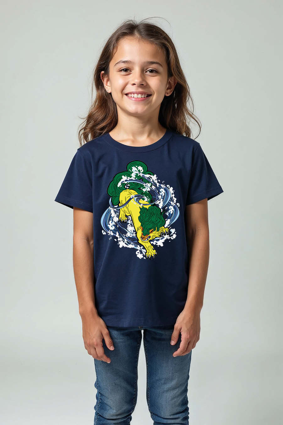 Thumbnail: Komainu  Shishi Dog with Water Waves Graphic T-Shirt Everyday Stylish Kids
