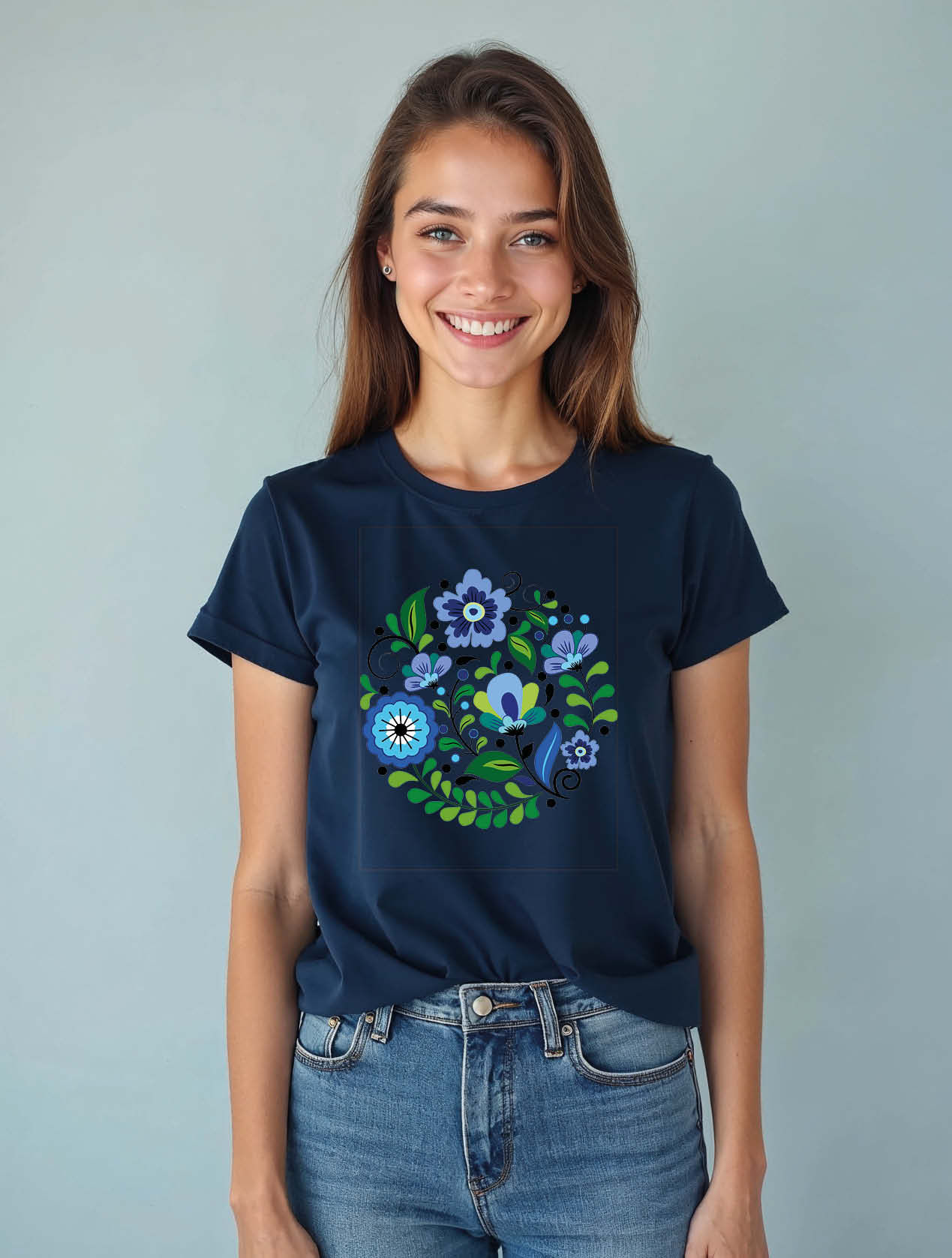 Circular Blue Folk Floral Cool Women’s Streetwear T-Shirt – Best Price