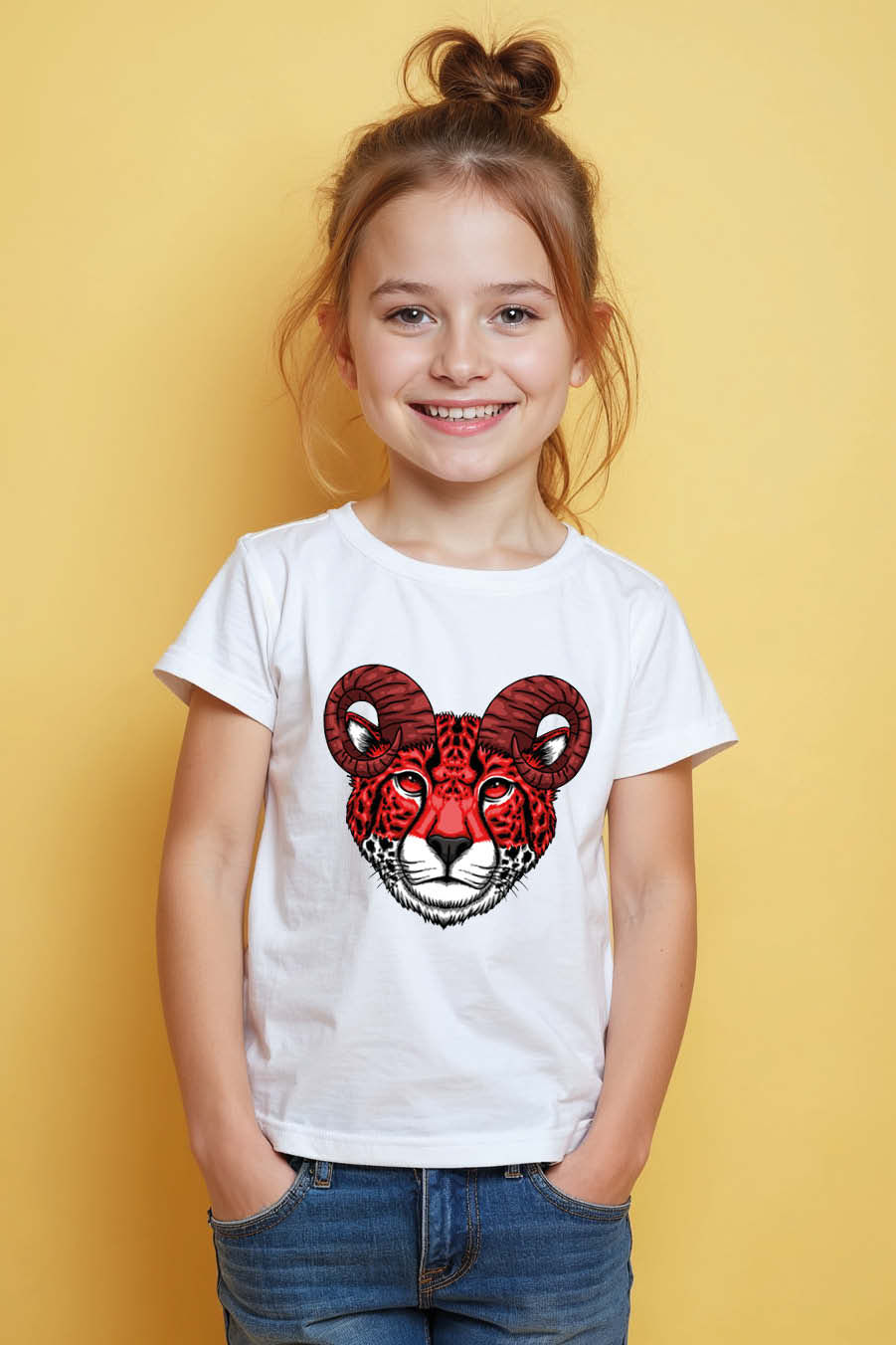 Thumbnail: Red Cheetah with Ram Horns Graphic Colorful Typography Print T-Shirt