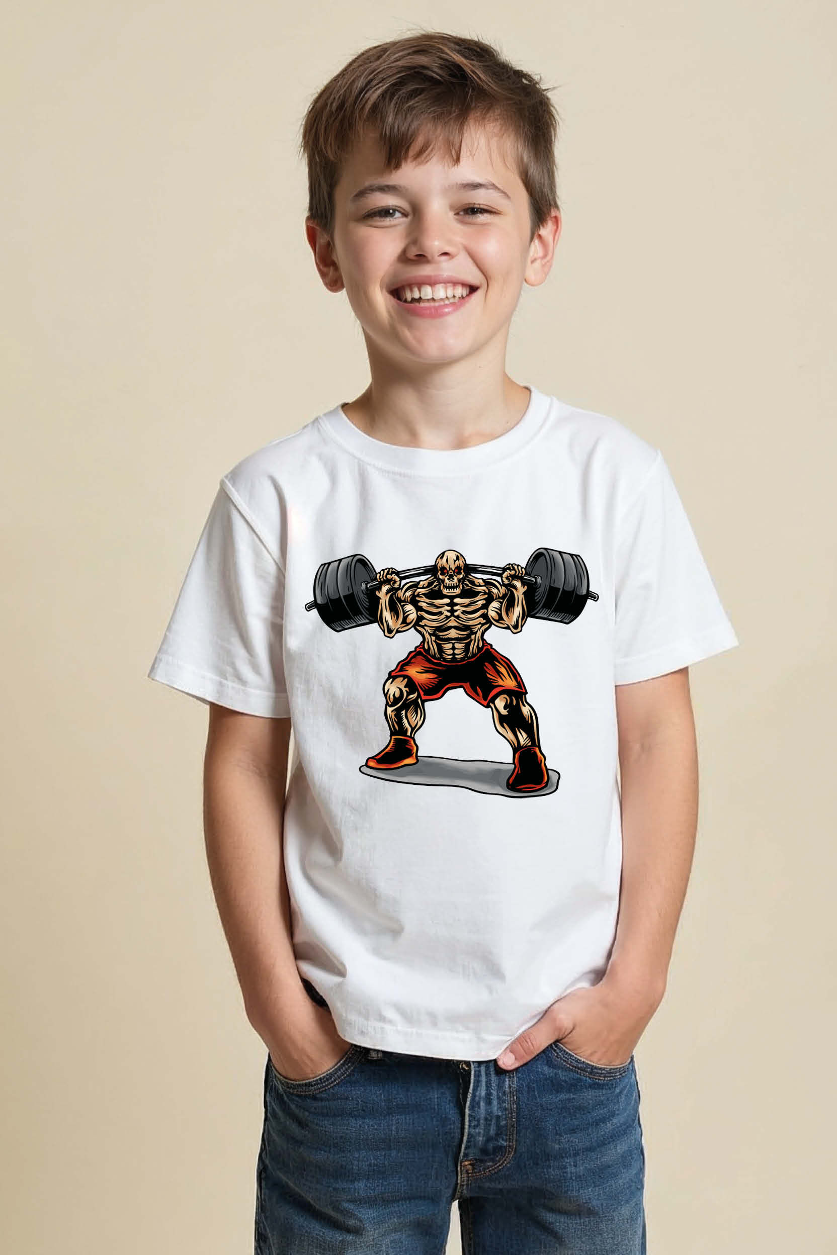 T-Shirt with Intense Skeleton Bodybuilder Graphic Stylish Casual Kids Printed