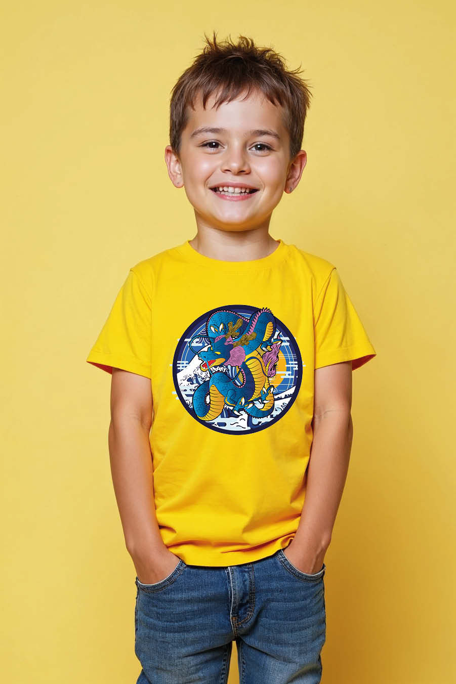 Thumbnail: Dragon and Japanese Wave Art Graphic Trendy Typography Print T-Shirt for Kids