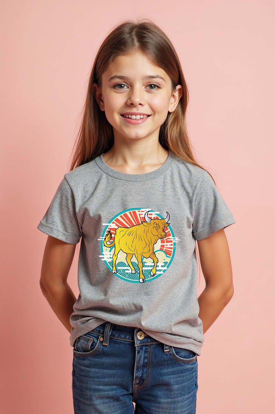 Thumbnail: Bull and Japanese Rising Sun Graphic Comfortable Cool Kids T-Shirt – Design