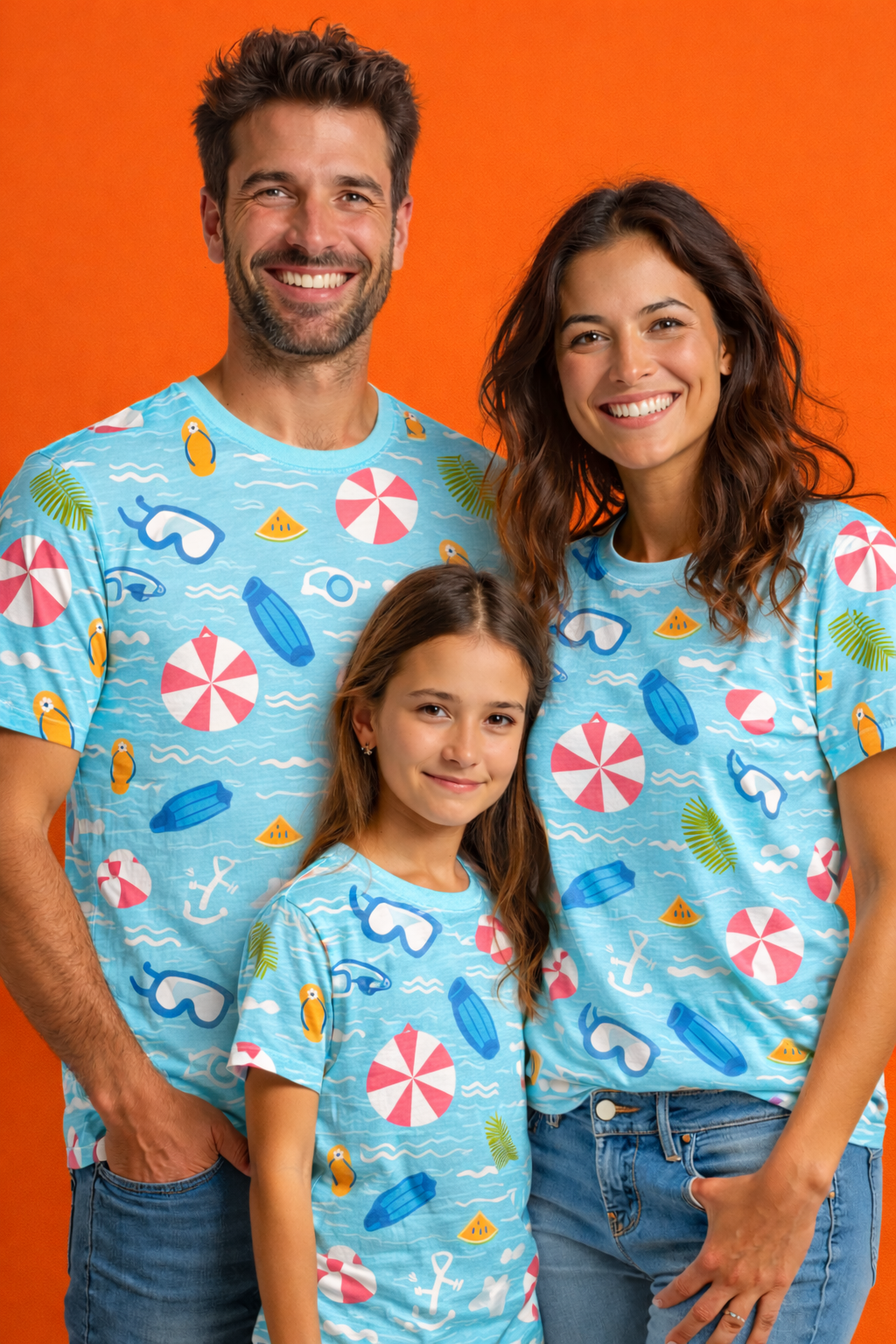 Family in beach-themed matching printed T-shirts pack of 3