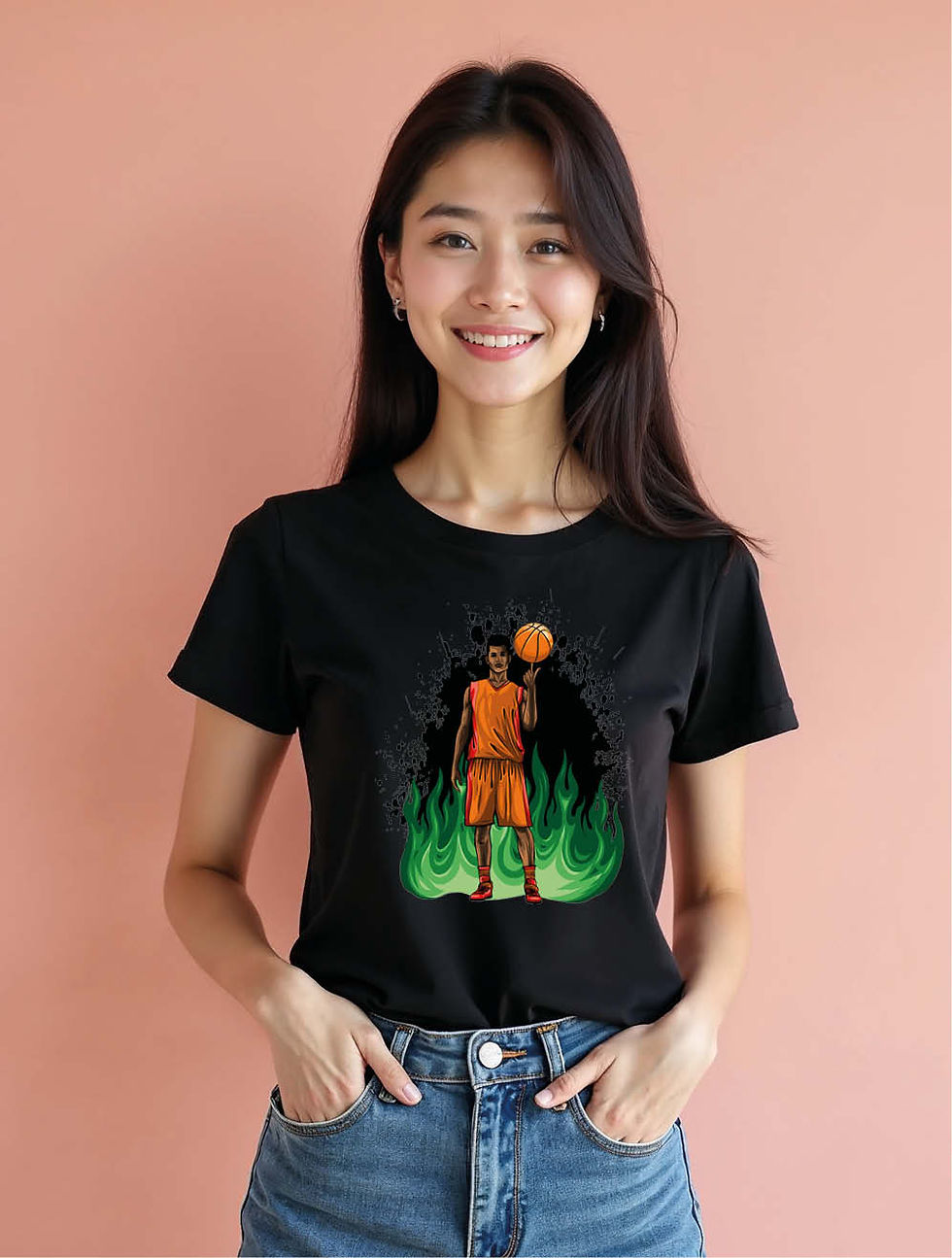 Thumbnail: Basketball Player with Green Flames and Black Splatter Chic Women’s Printed Tees