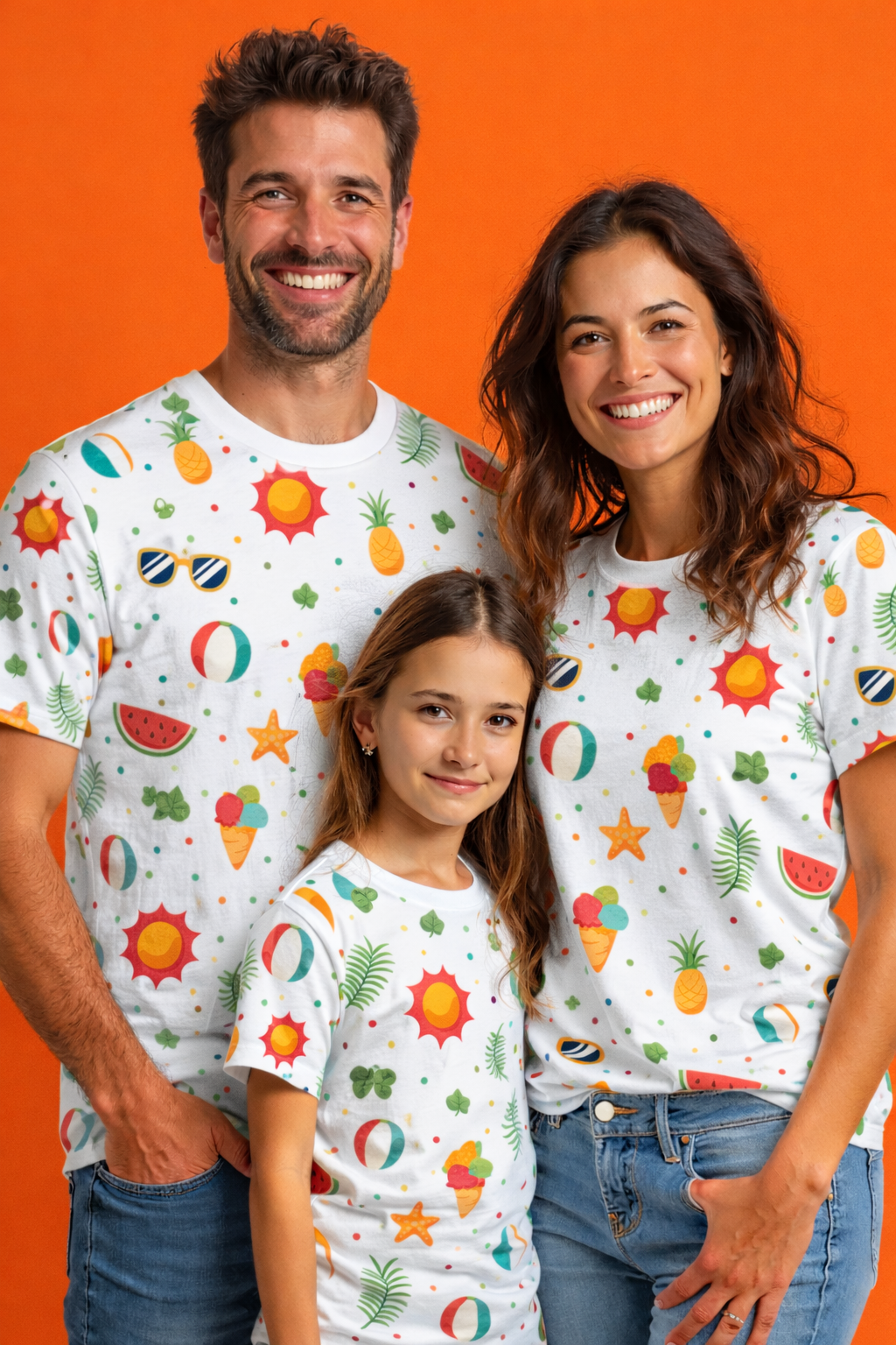 Family portrait with summer vibes matching printed tees pack of 3