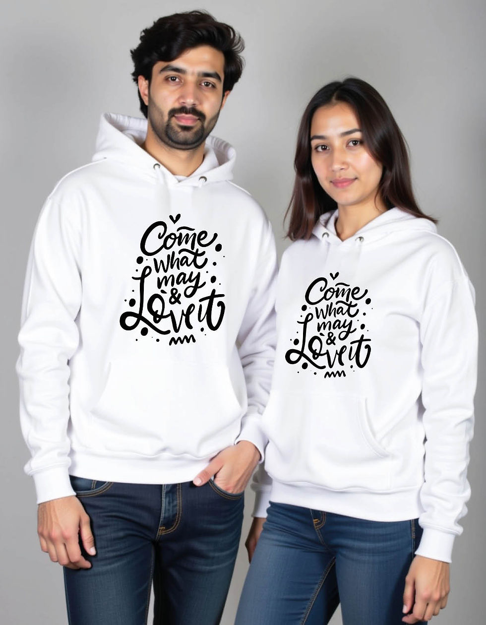 Thumbnail: come what may and love it Classy Matching Couple Hoodies with Print