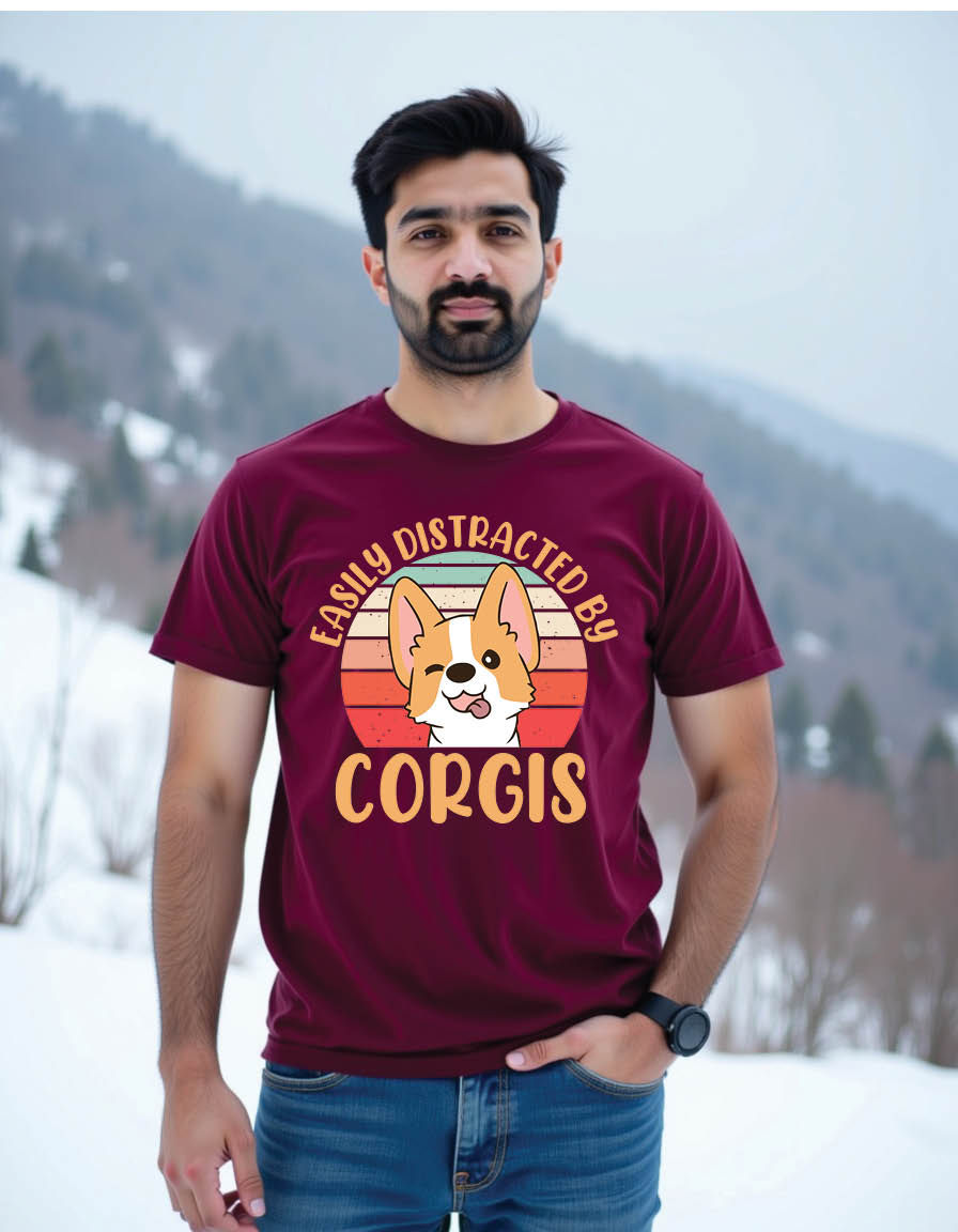 Thumbnail: easily distracted by corgis retro corgi dog mens printed graphic t shirt