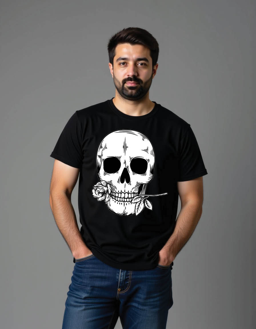 Thumbnail: vintage skull head bite rose mens printed graphic t shirts