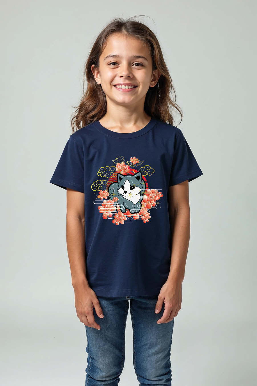 Thumbnail: Husky Puppy and Cherry Blossom Graphic Trendy Printed T-Shirt Boys & girls