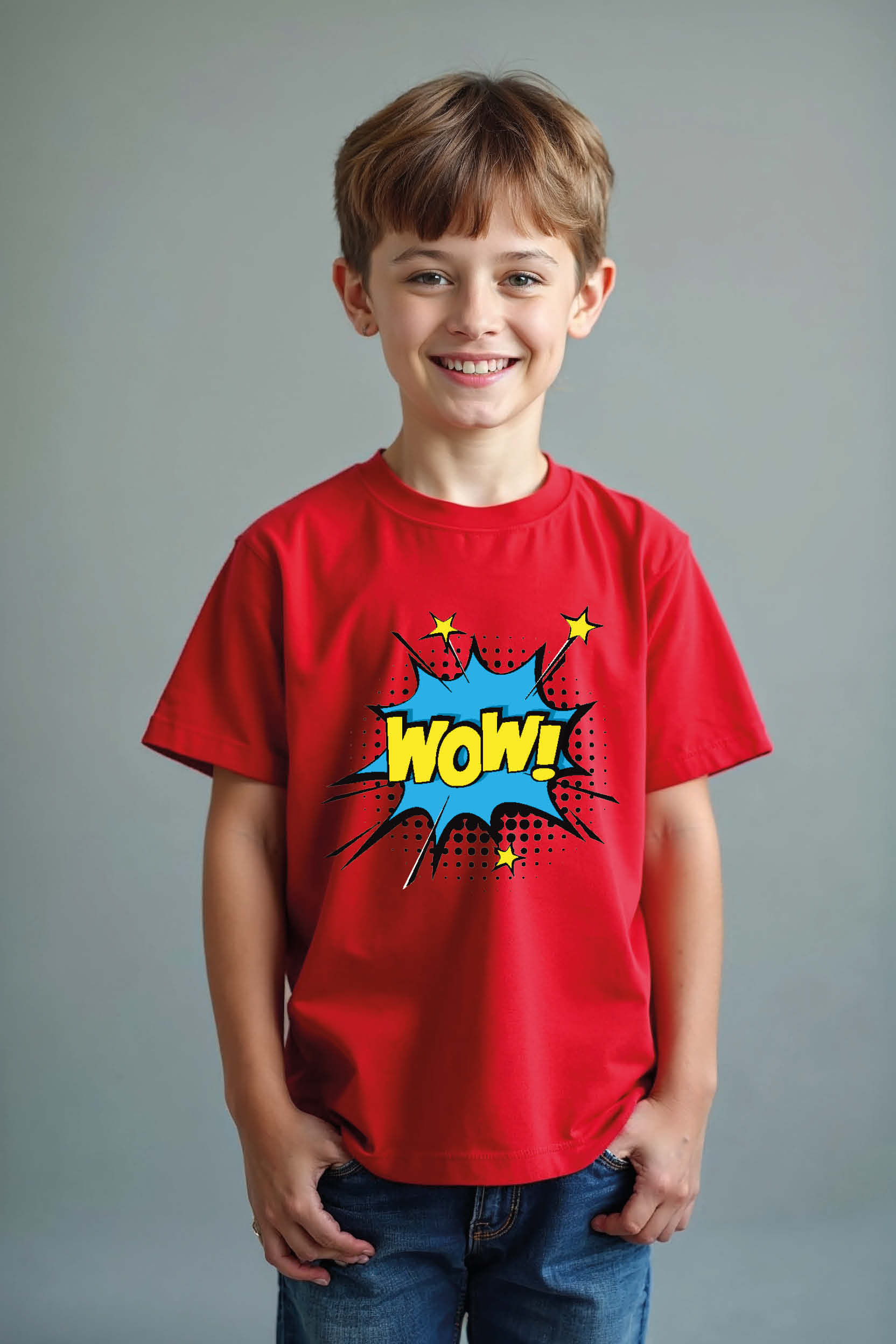 wow! Colorful Kids Graphic Tee – Artwork Print Design for Boys & Girls