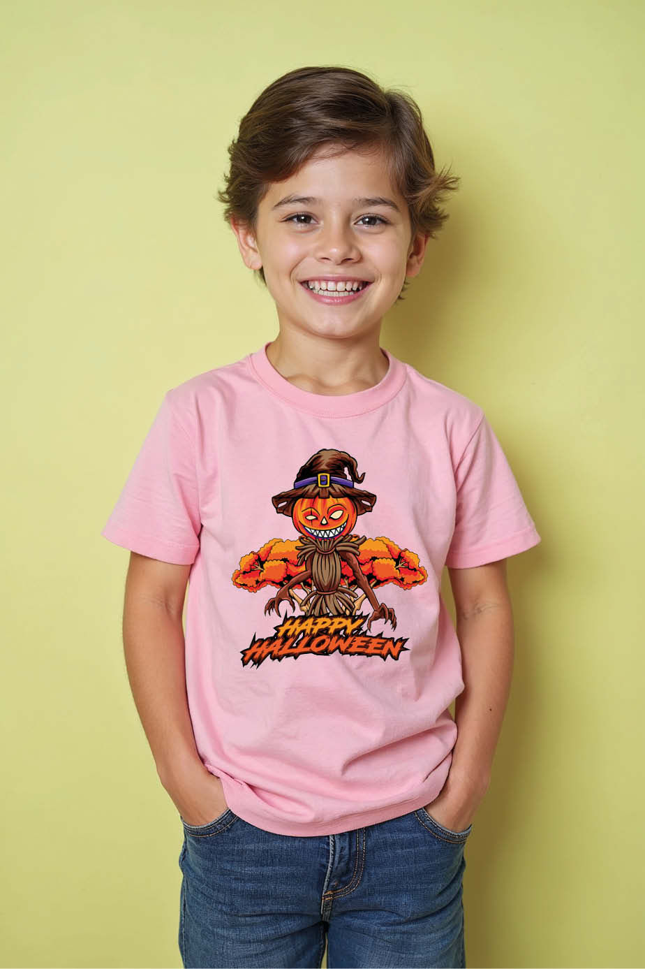 Smiling Jack-o'-Lantern Scarecrow Happy Halloween Tee Comfortable Kids Printed