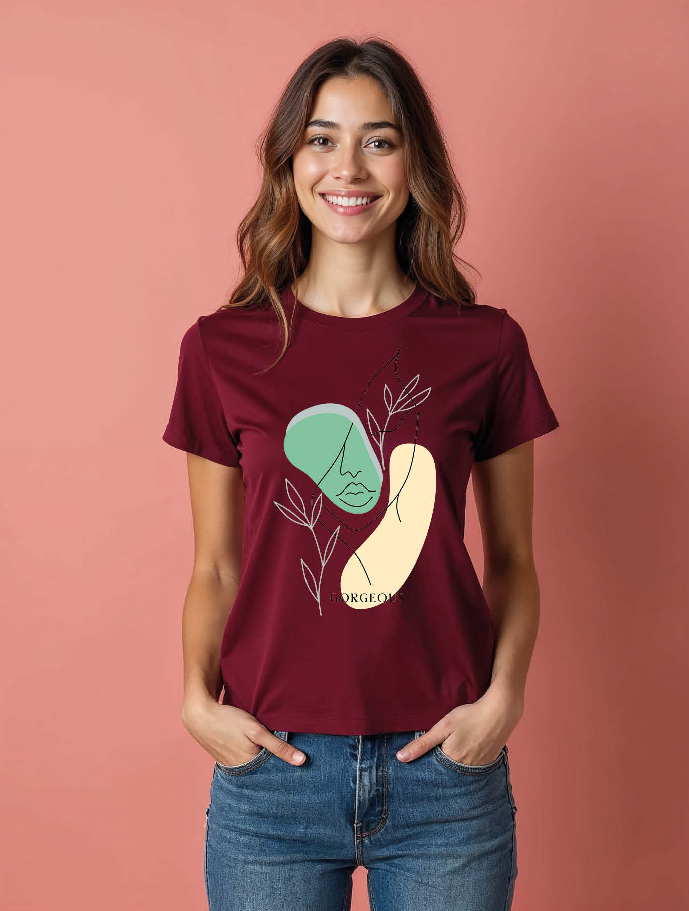 Abstract Minimalist Face and Leaf Line Art Chic Women’s Graphic T-Shirt – Hot
