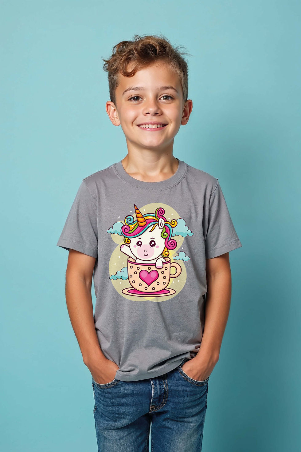 Cute Unicorn In A Teacup Graphic Tee Modern Cool Kids T-Shirt for girls & boys
