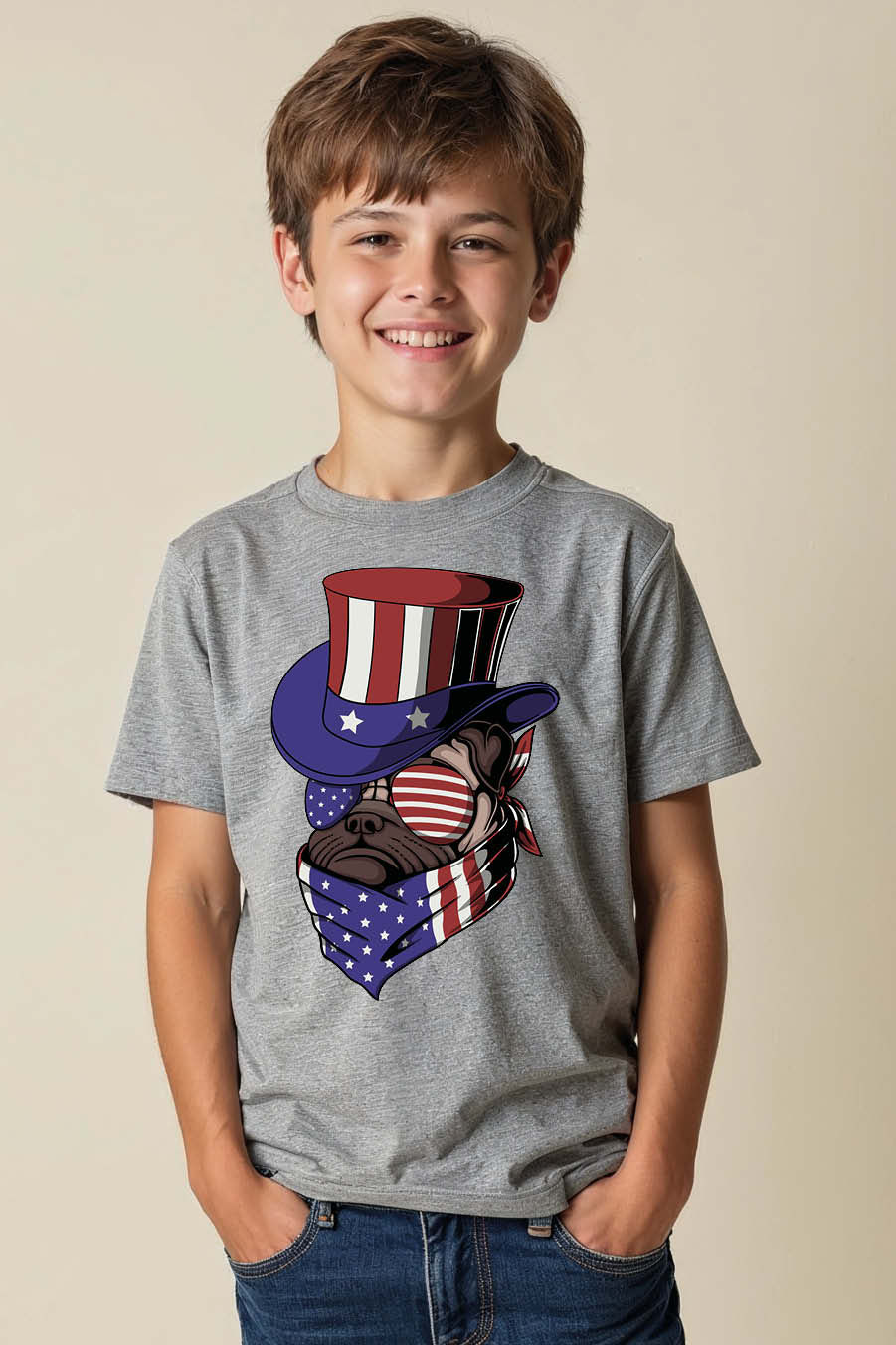 Patriotic American Flag Dog in Uncle Sam Hat T-Shirt Cotton Kids Graphic Tee