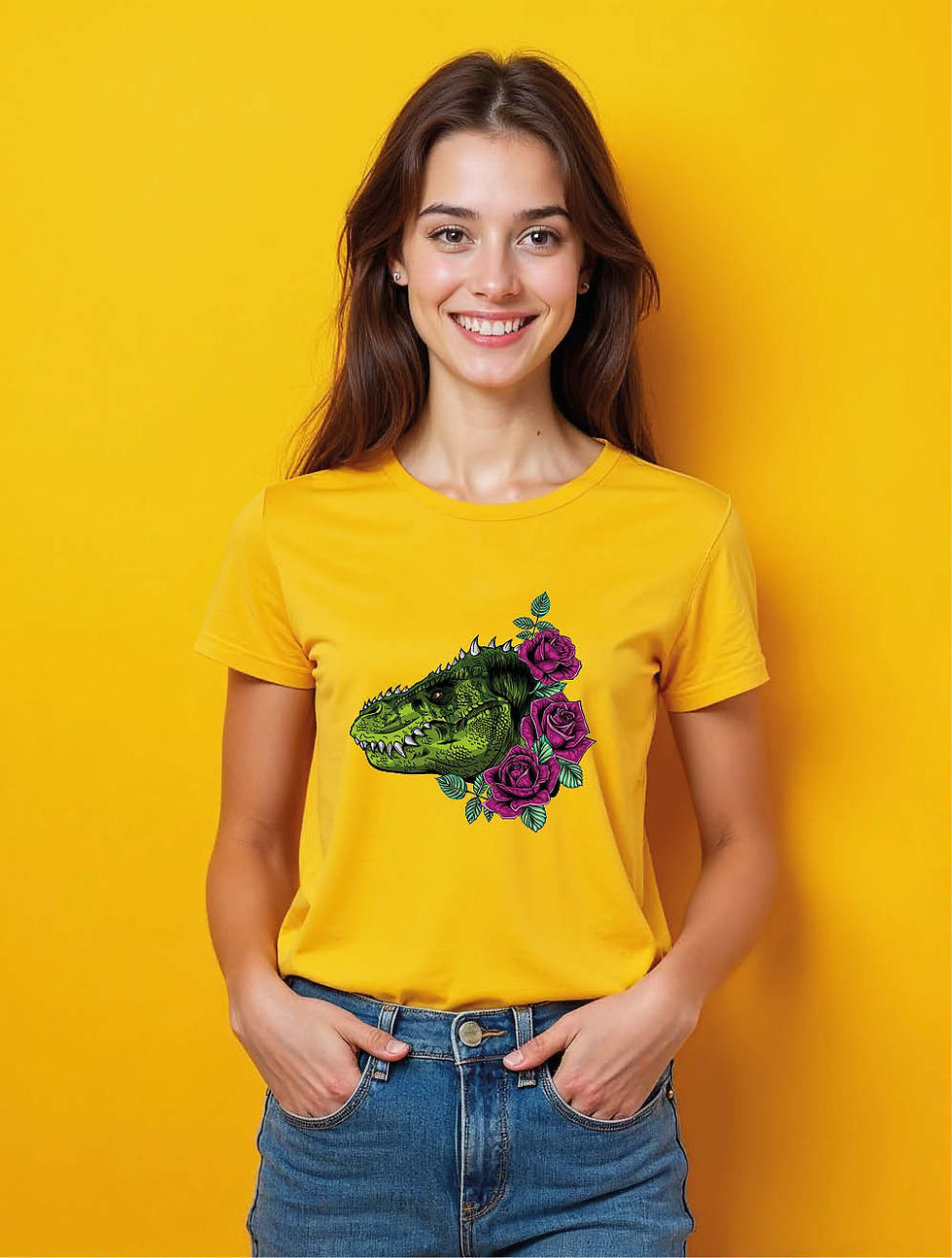 Green Dinosaur Skull with Purple Roses Chic Women’s Printed Graphic T-Shirt