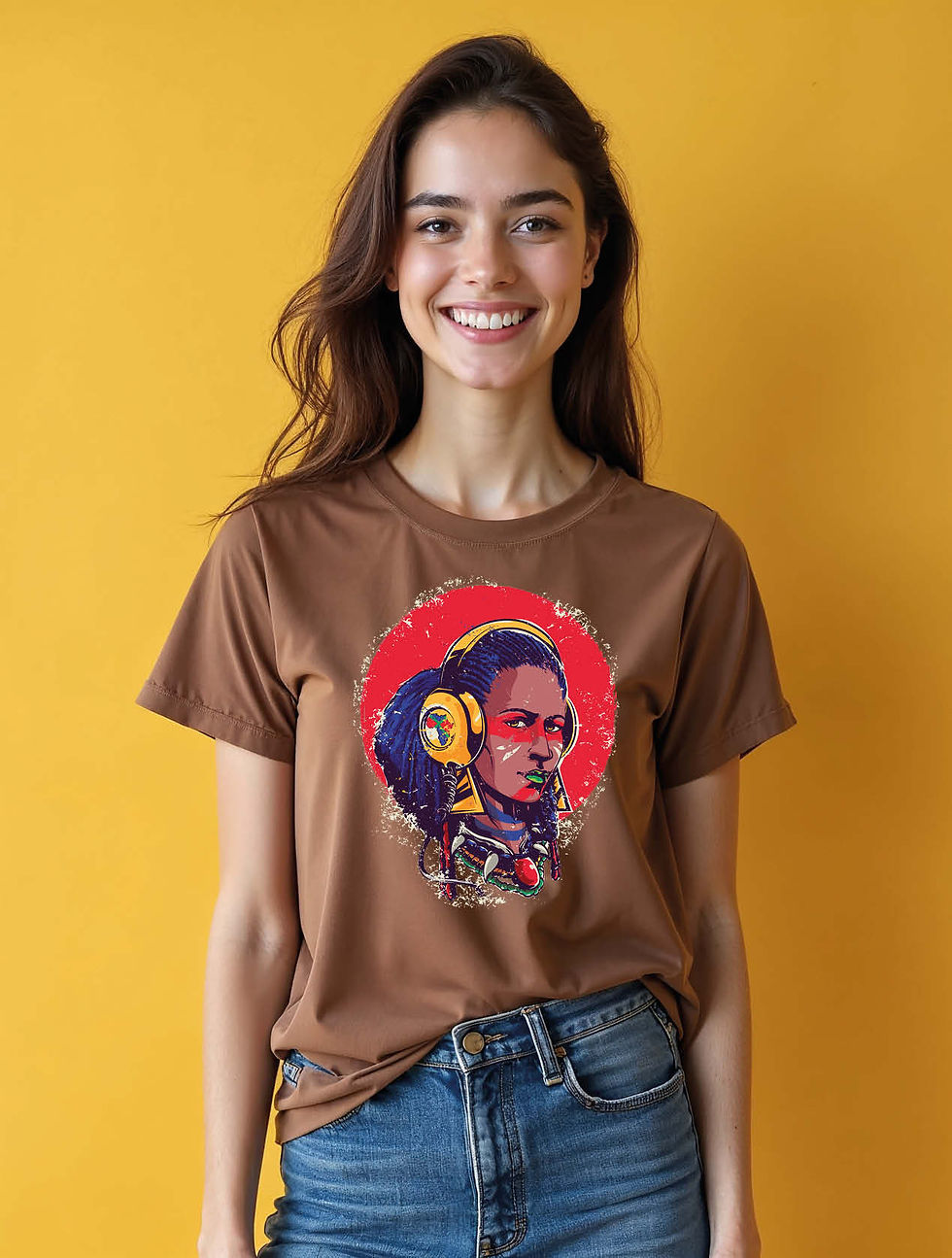 Thumbnail: Afrofuturistic Woman with Headphones Trendy Women’s Printed Graphic T-Shirt
