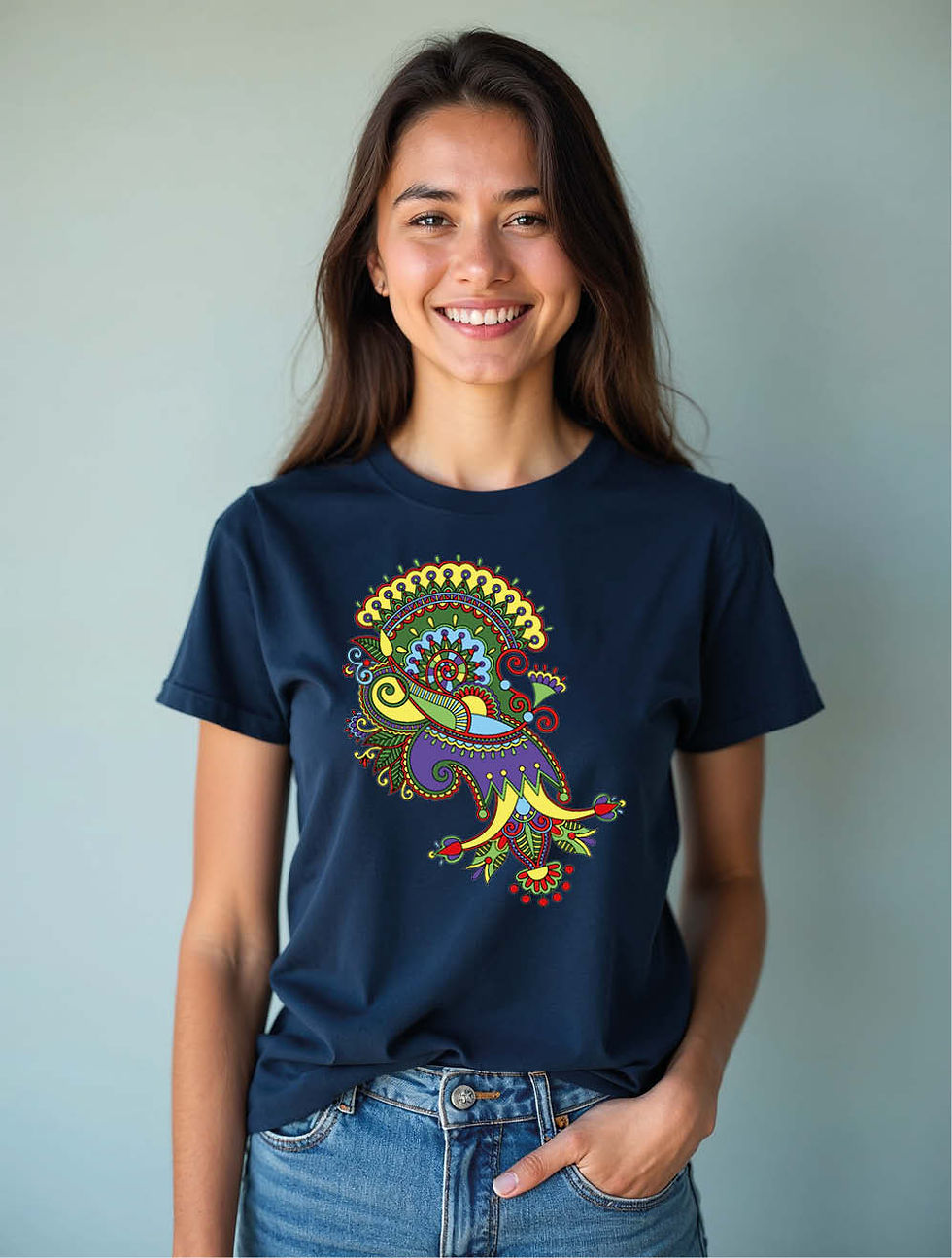 Thumbnail: Bright Folk Art Swirl Stylish Women’s Printed Graphic Streetwear T-Shirt – Hot