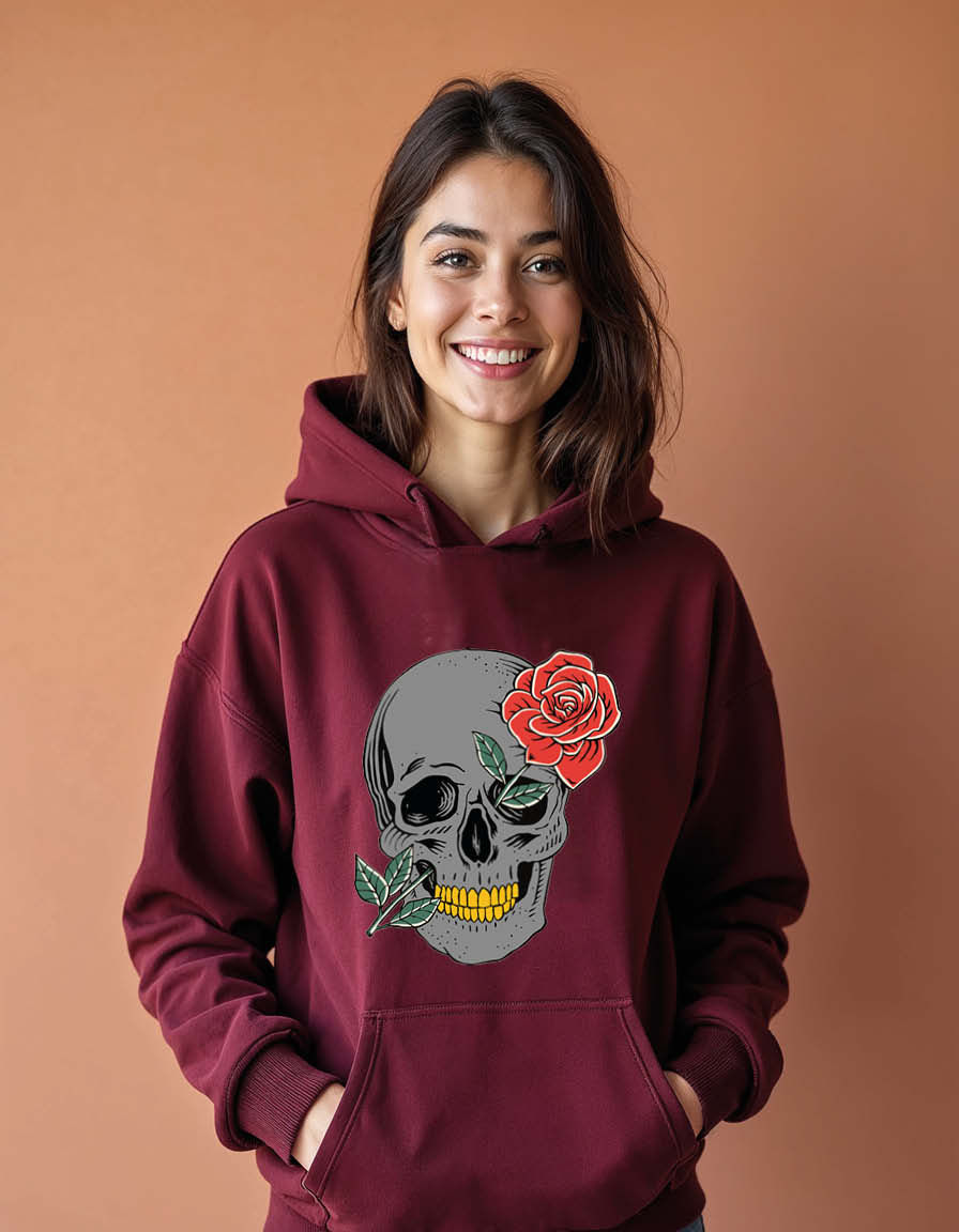 Thumbnail: Rose Accent Skull Unisex Graphic Printed Hoodies for mens & womens