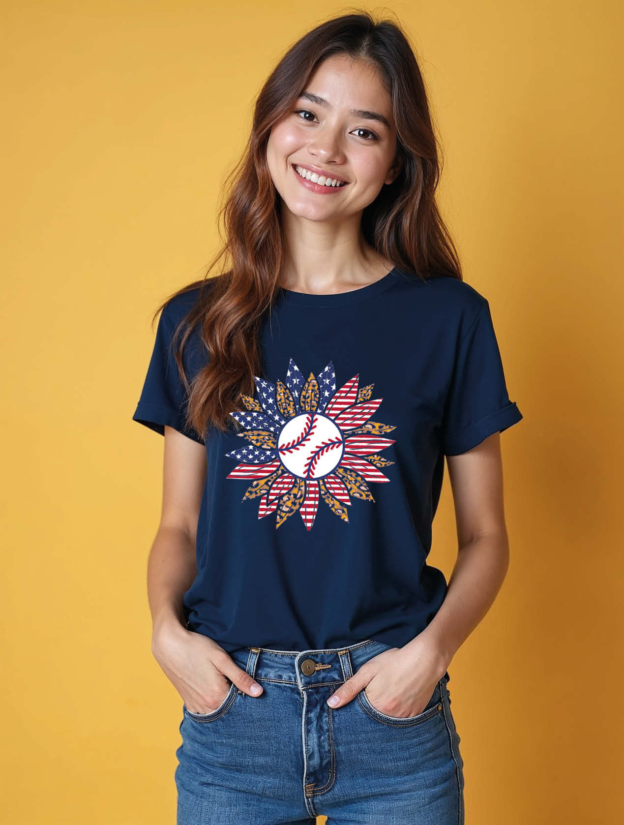 Patriotic Baseball Sunflower Cool Women’s Printed Graphic Streetwear T-Shirt