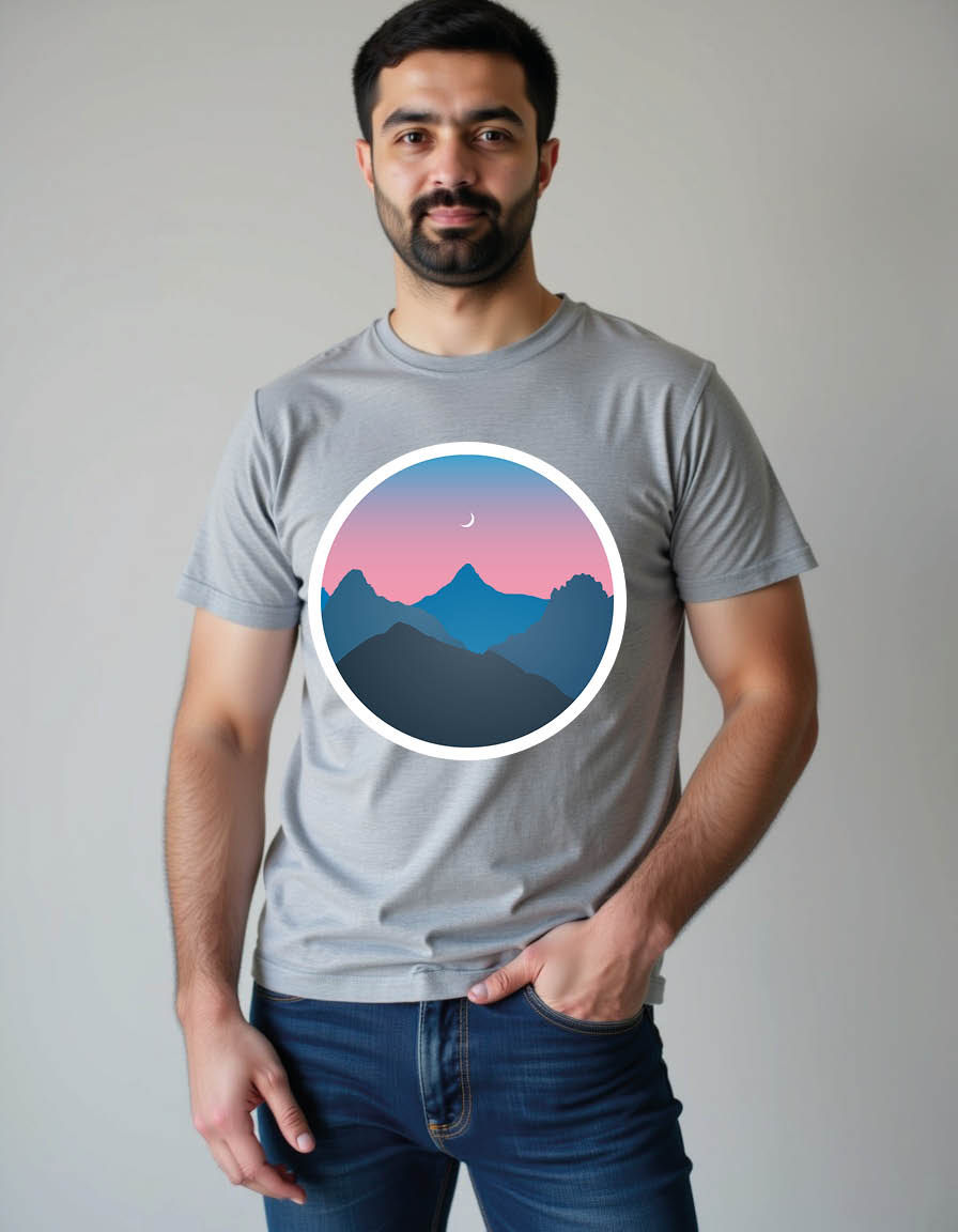 Thumbnail: mountains landscape silhouette dusk time night sky moonmens printedgraphictshirt