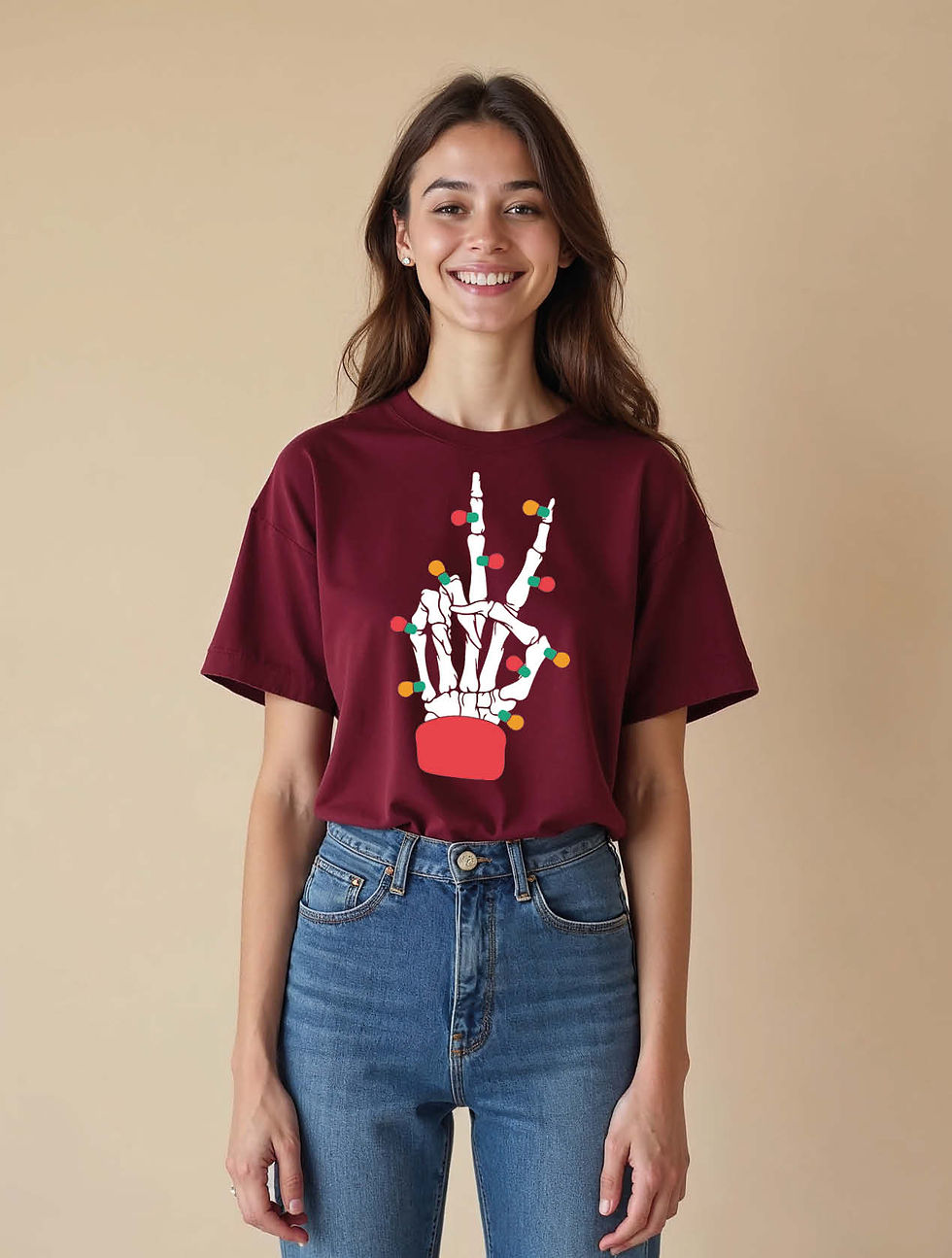 Thumbnail: Peace Sign Skeleton Hand Christmas Trendy Women’s Printed Graphic Streetwear Tee