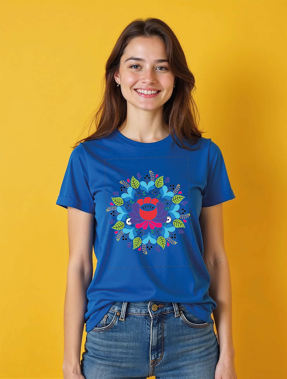 Thumbnail: Vibrant Floral Folk Art Mandala Chic Women’s Printed Graphic Streetwear T-Shirt