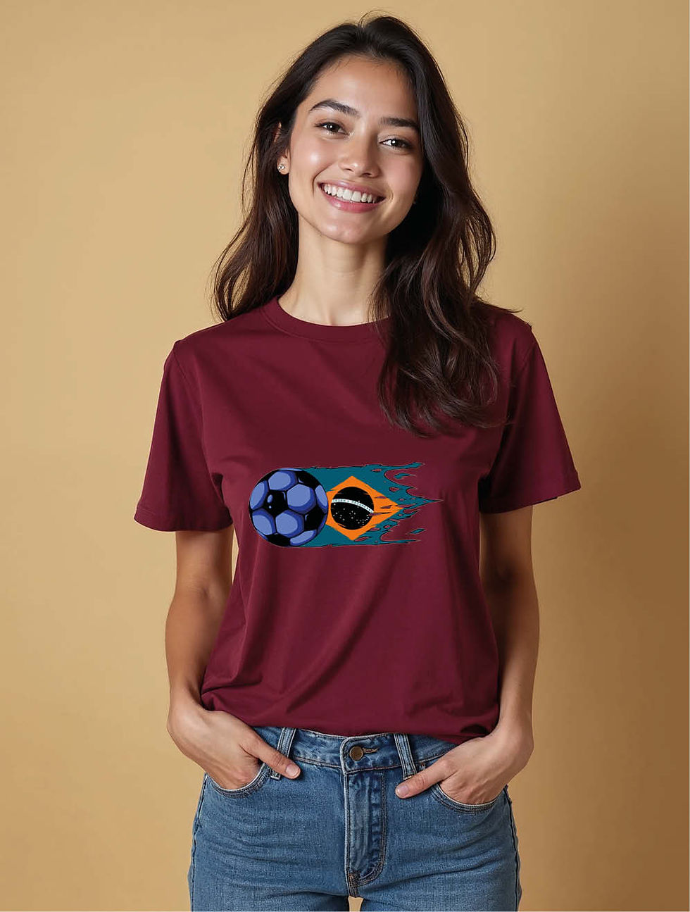 Thumbnail: Flying Soccer Ball and Distressed Brazil Flag Modern Women’s Printed T-Shirt