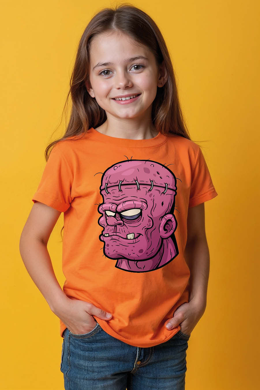 Thumbnail: Frowning Pink Frankenstein Stitched Head T-Shirt Fashion Trendy Printed Tee