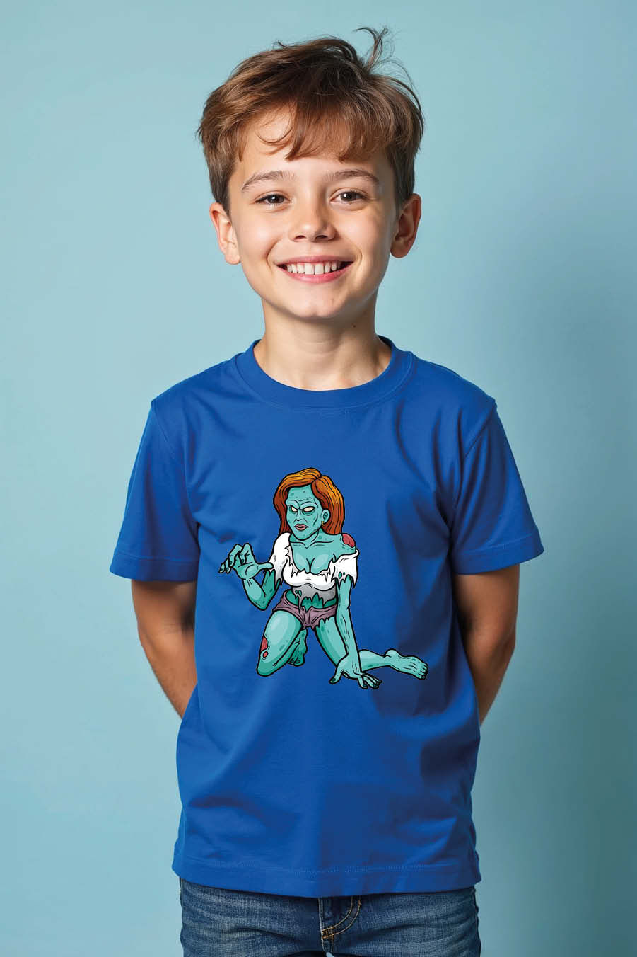 Thumbnail: Kneeling Blue-Skinned Female Zombie T-Shirt Cute Trendy Printed Tee for Kids