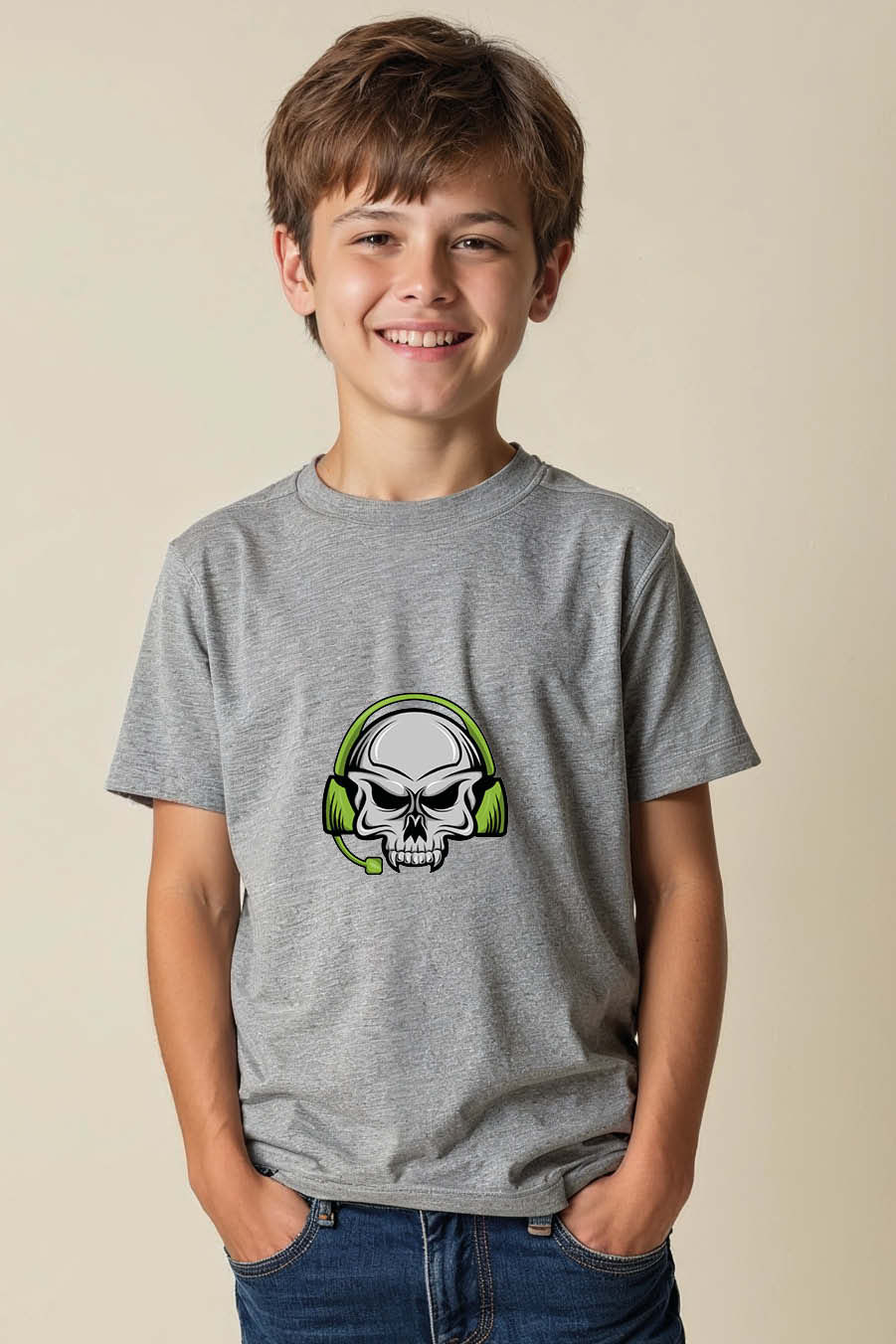 Thumbnail: Angry Gaming Skull with Green Headset Graphic T-Shirt  Fashion Kids Printed