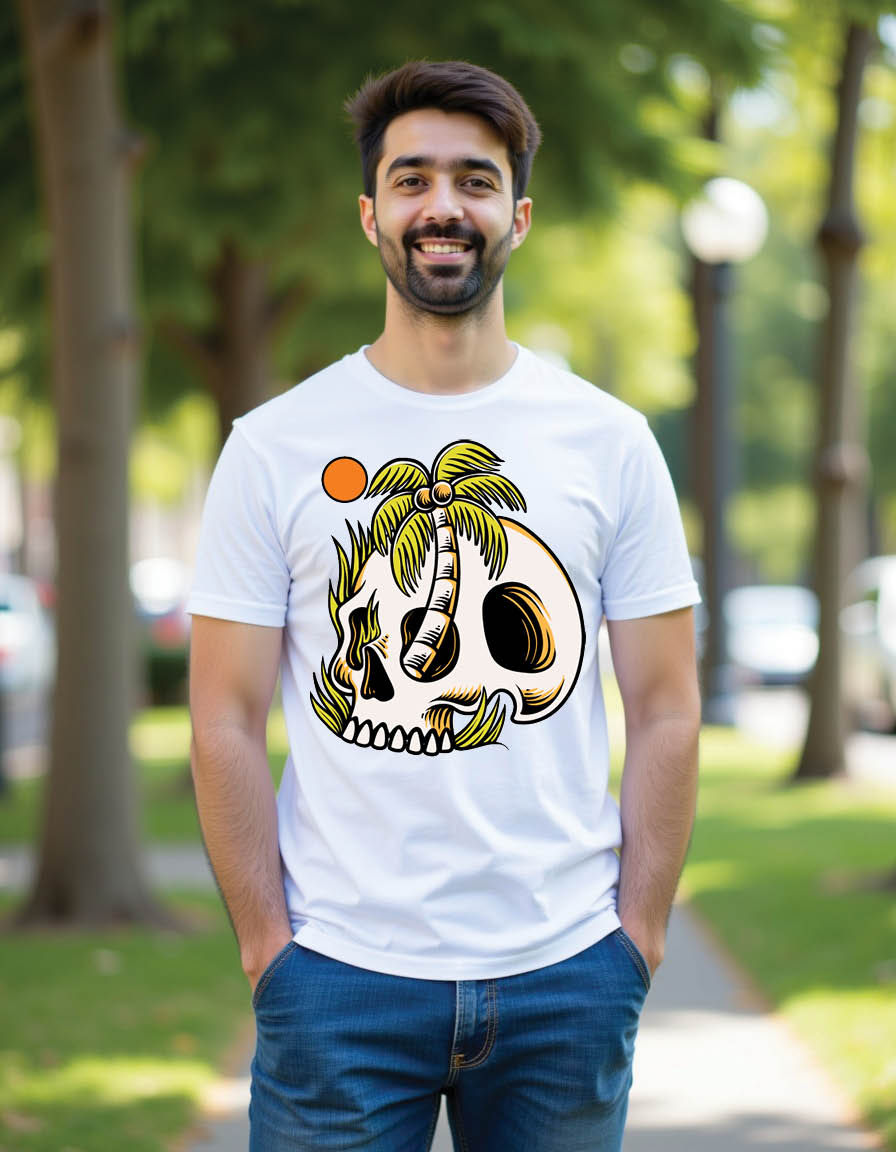 Thumbnail: skull head with palm treesummer mens printed graphi t shirt