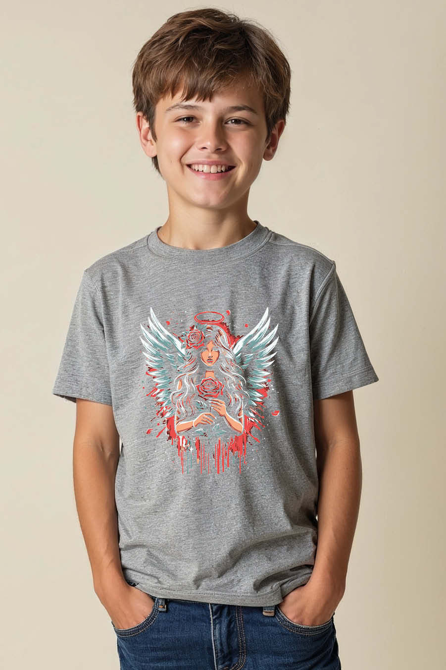 Thumbnail: Guardian Angel Rose Tee Colorful Unisex Kids Graphic Tee – Graphic Print Design