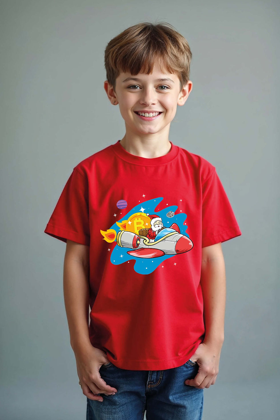 Thumbnail: Santa Rocket Ride Graphic Kids T-Shirt – Festive Space Adventure Tee for Boys &
