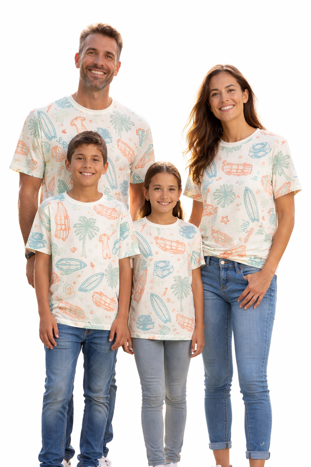 Family portrait with beach-themed matching printed tshirts pack of 4