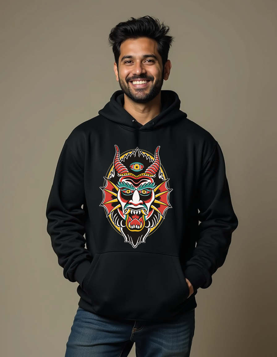 Thumbnail: Fierce Oni Demon Mask Unisex Graphic Printed Hoodies for mens & womens