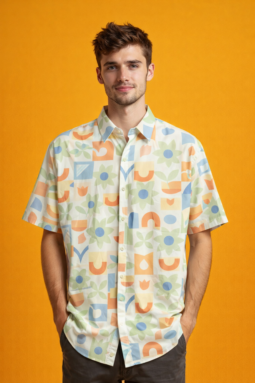 Casual portrait in a pastel Urban Cool Patterned All Over Print Oversized Shirt