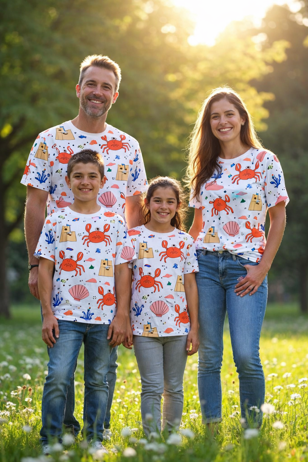 pattern of crabs sandcastles and seashells family matching printed tees pack 4