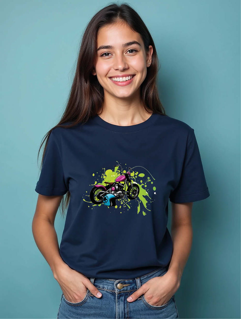 Thumbnail: Colorful Chopper Motorcycle with Neon Splatter Stylish Women’s Printed T-Shirt