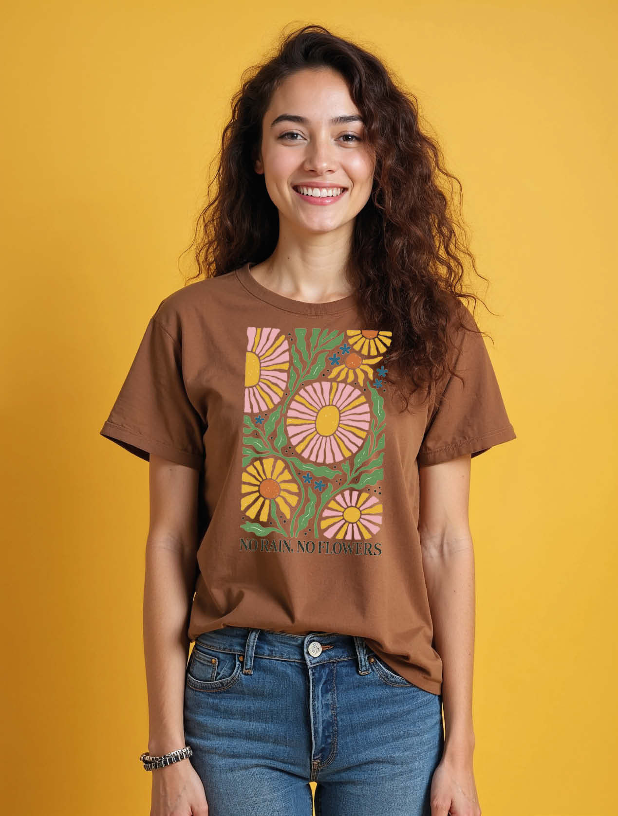 Retro Floral 'No Rain, No Flowers Chic Women’s Printed Graphic Streetwear Tees