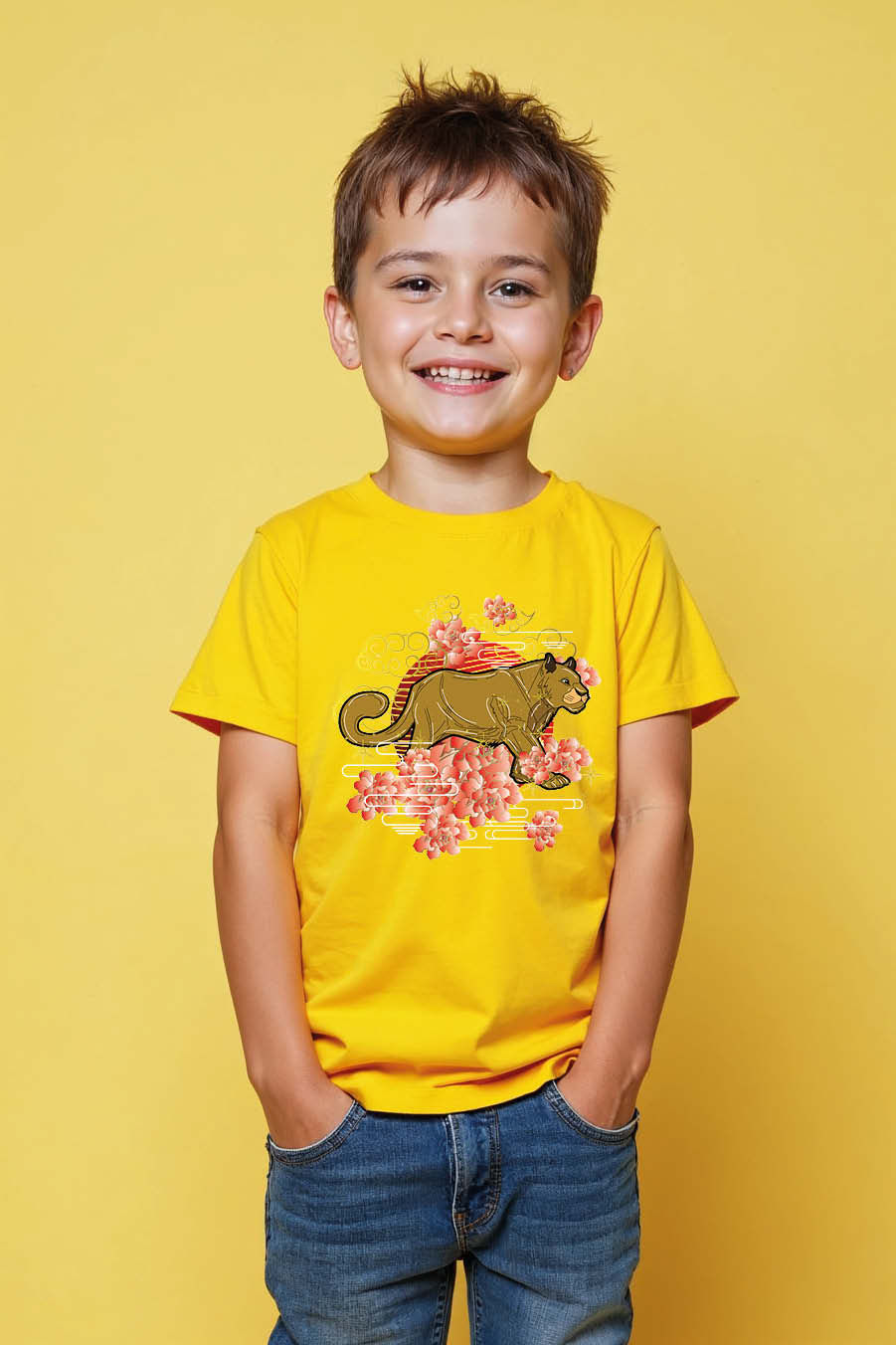 Thumbnail: Big Cat T-Shirt with Gold Graphic and Cherry Blossoms Fashion Trendy Printed