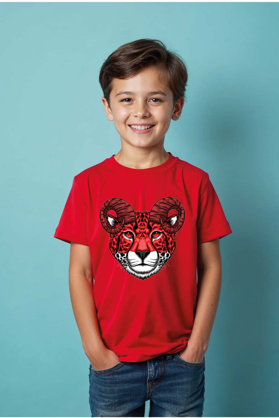 Thumbnail: Red Cheetah with Ram Horns Graphic Colorful Typography Print T-Shirt