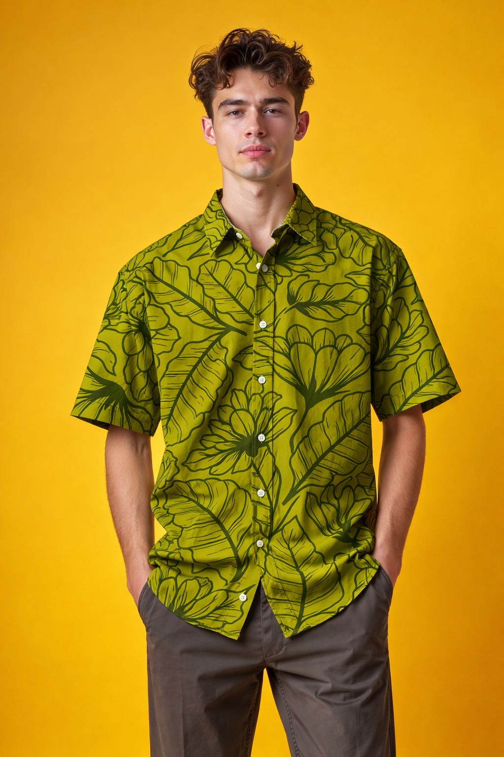 Olive Green Tropical Stylish Youth Patterned AOP Oversized Shirt