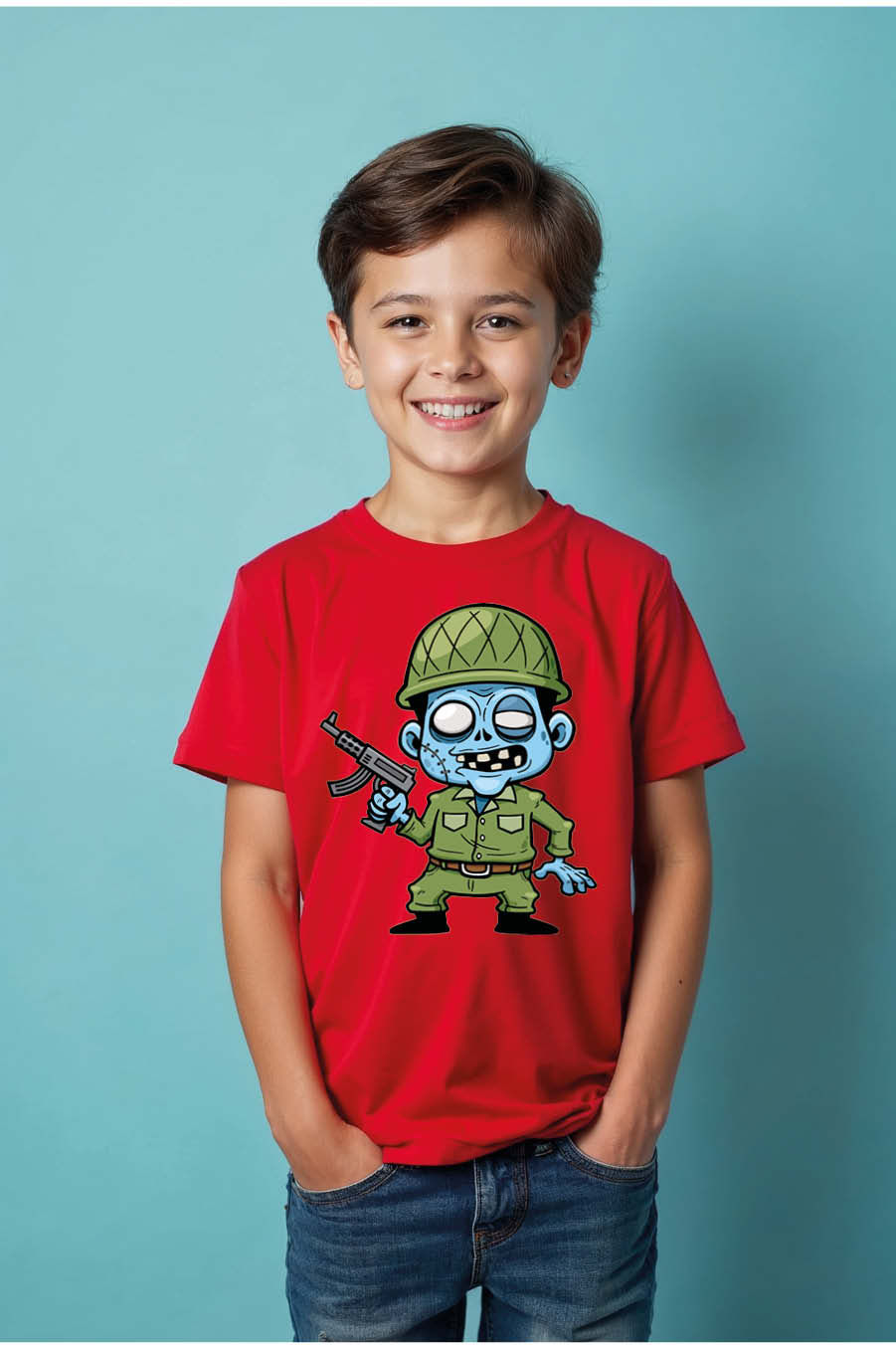 Thumbnail: Kids' Cartoon Soldier Zombie with Gun T-Shirt Playful Typography Print T-Shirt