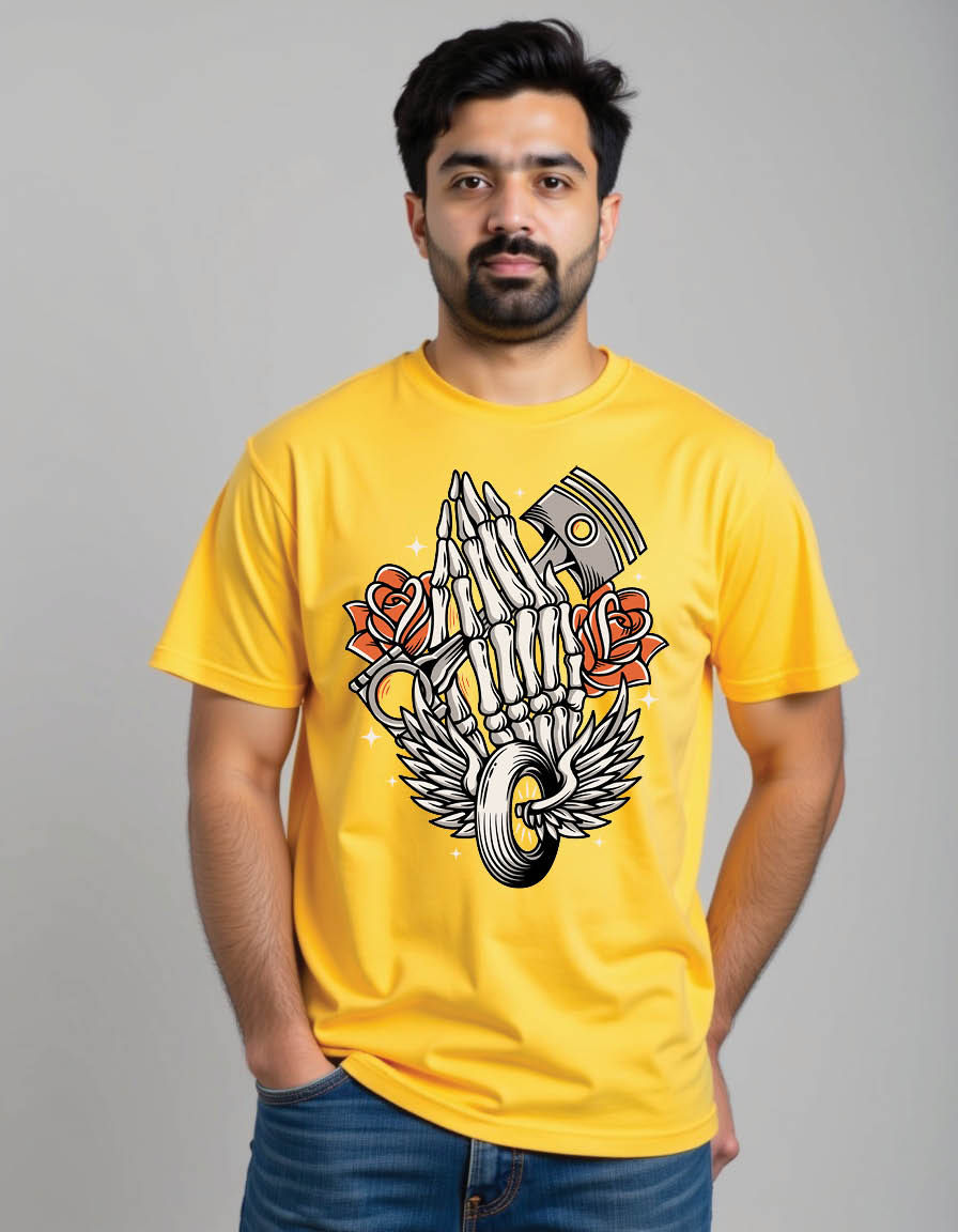 Thumbnail: skull hand praying with piston roses mens printed graphic t shirts