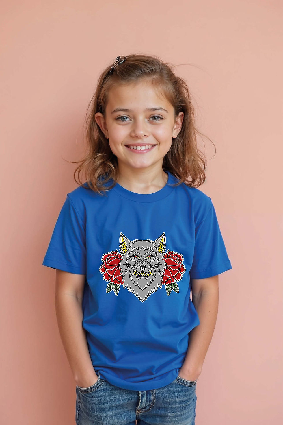 Thumbnail: Kid's Shirt with Fierce Gray Wolf and Rose Design Trendy Stylish Kids Graphic