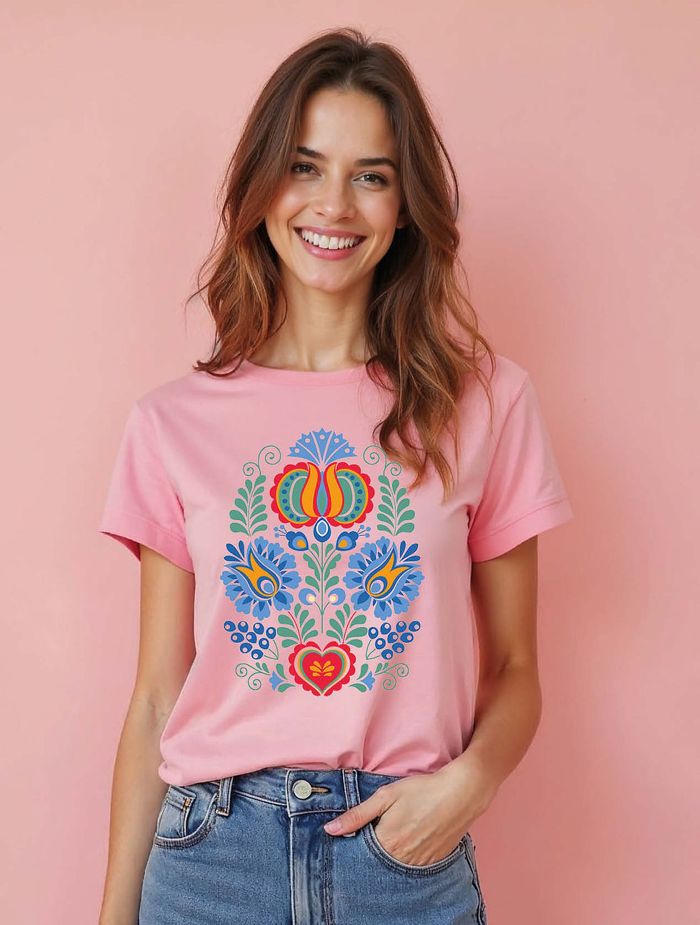 Thumbnail: Hungarian Folk Art Heart and Floral Trendy Women’s Streetwear T-Shirt – Shop Now