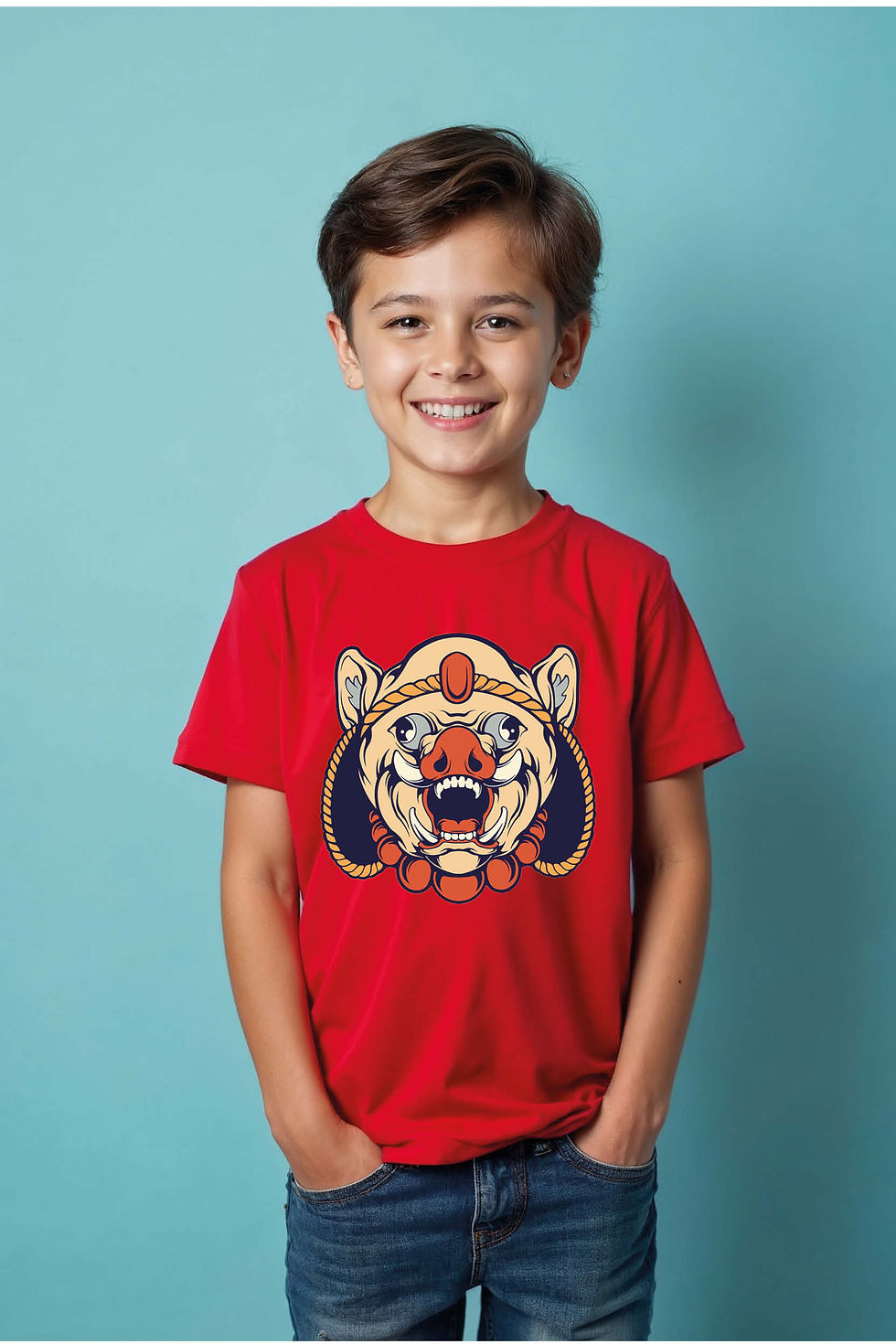 Thumbnail: Ferocious Wild Boar Mask Graphic Tee Casual Cool Cartoon Kids T-Shirt – Print