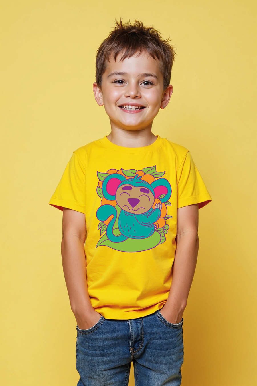Thumbnail: Colorful Cartoon Monkey with Oranges Kid's T-Shirt Premium Quality
