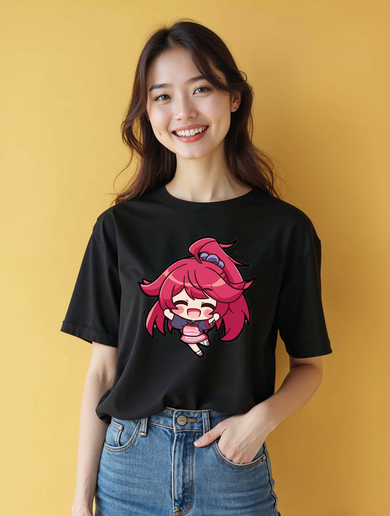 Smiling Chibi Pink-Haired Anime Girl Casual Women’s Streetwear T-Shirt – Sale